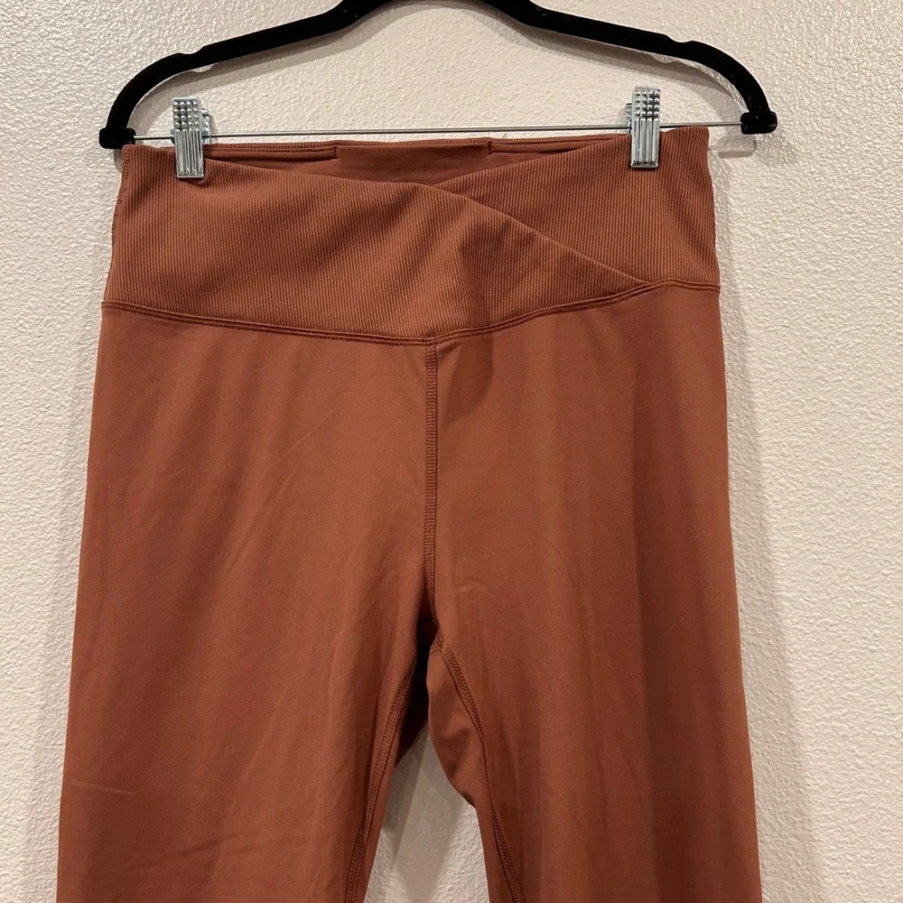 90 Degree by Reflex Womens High Waisted‎ Crossover Ribbed Leggings Rust Orange L